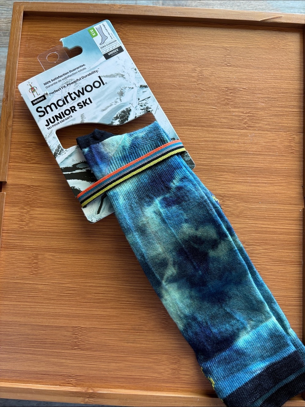 Smartwool Junior Ski Socks - Tie-Dye Blue & Teal with Striped Cuff